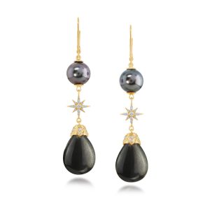 18K Yellow Gold Black Moonstone/Tahitian Pearl/Diamond Star Earrings