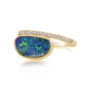14K Yellow Gold Australian Opal Doublet/Diamond Ring