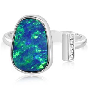 14K White Gold Australian Opal Doublet/Diamond Ring